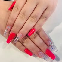 Red Acrylic Nails with Floral Design